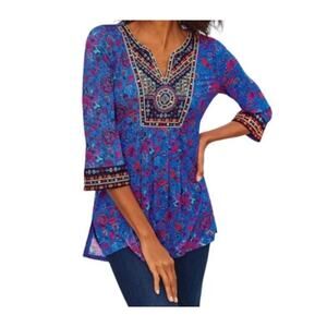 NWT Soft Surroundings Tamuri Tunic Beaded Multicolored 3/4 Sleeve Small Floral S
